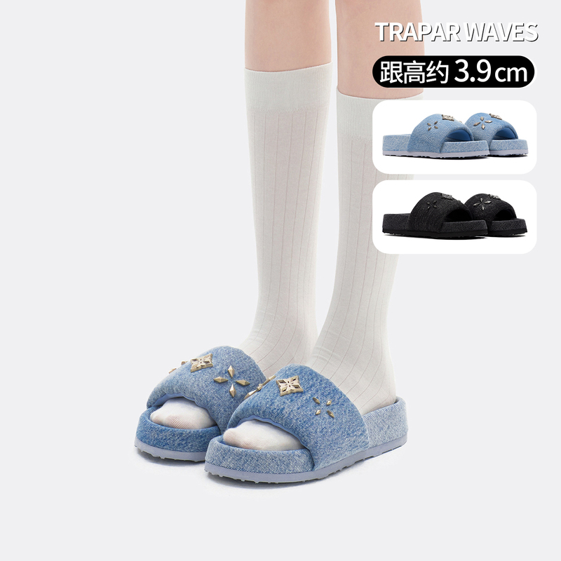 [in Stock] Trapar Waves Washed Denim Slide Sandals Casual Outdoor Thick-Soled Height-Increasing Shoes for Women