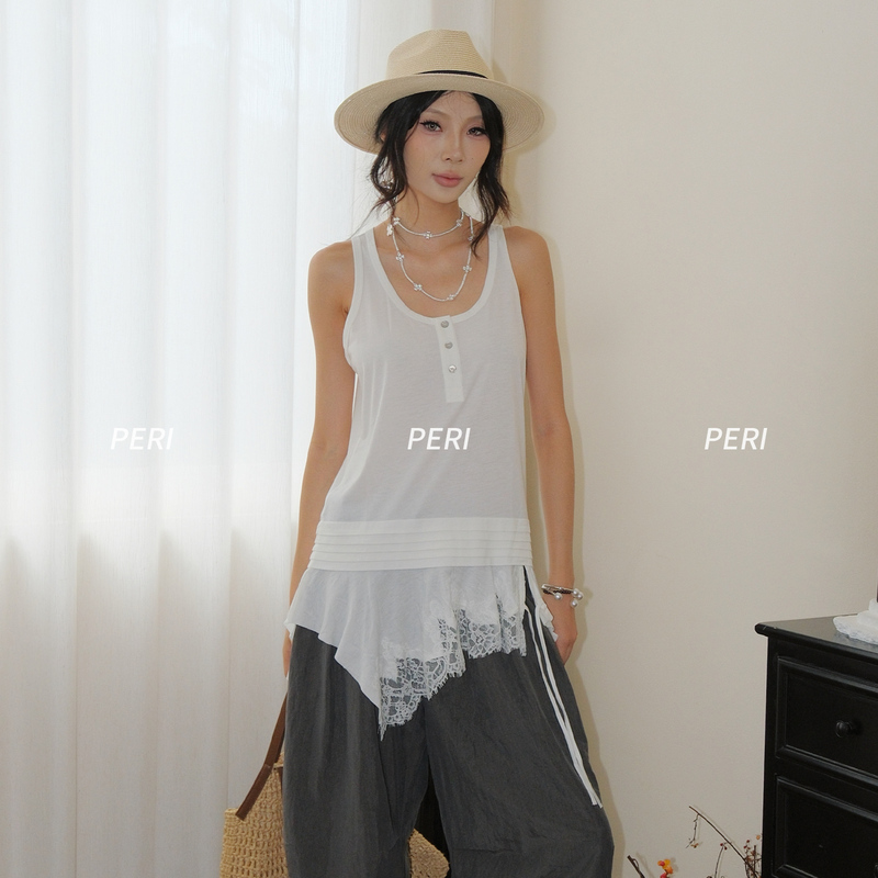 [in Stock] Sun Qian's Same Style Square Circle Lace-Trimmed Base Layer Layered Long Tank Top for Women