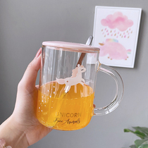 ins girl heart Net red unicorn glass cup with lid spoon water cup creative cute breakfast cereal Cup home
