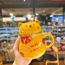 Japanese cute lucky cat ceramic water cup with lid filter office tea cup 55 ° constant temperature drinking water Tea Cup