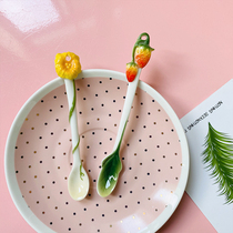 Everything has cute ins girl heart creative golden cherry leaves stainless steel spoon mixing spoon