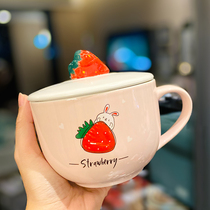 Cute girl heart ceramic breakfast cup milk oatmeal large capacity cereal yogurt cup household with lid spoon microwave