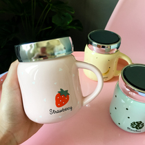 Cute Fruit Strawberry cartoon ceramic large capacity water cup water-free princess cup milk with lid with spoon with handle