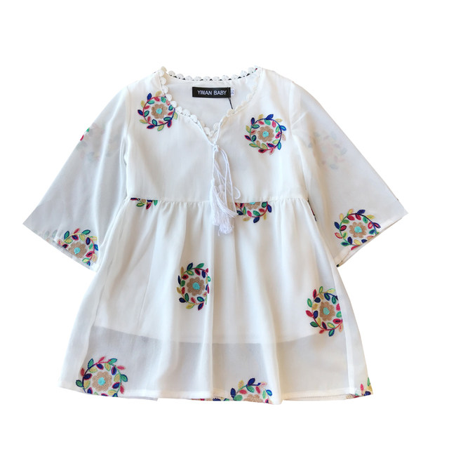 ເດັກຍິງ embroidered dress ພໍ່ແມ່-ເດັກນ້ອຍໃສ່ summer Y8 ເດັກຍິງ top skirt ສັ້ນ sleeved seaside vacation chiffon skirt ແມ່-ລູກສາວໃສ່