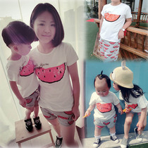 Childrens watermelon T-shirt parent-child clothing summer Q4 boys and girls pure cotton short-sleeved shorts two-piece suit mother-child mother-daughter clothing