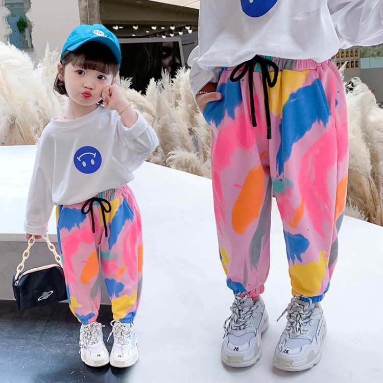 Girls 2022 new Harlen Pants Harlen Pants Spring and Autumn Children Rainbow Graffiti Nets Red Leisure Pants Baby Fried Street Pants