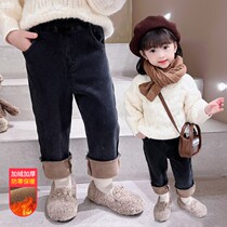 Childrens plush plus thick denim trousers girls pants winter 2021 new casual pants foreign air baby warm pants