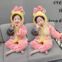 Girls plush pajamas set winter baby three-layer thick housewear infant flannel warm air conditioning suit