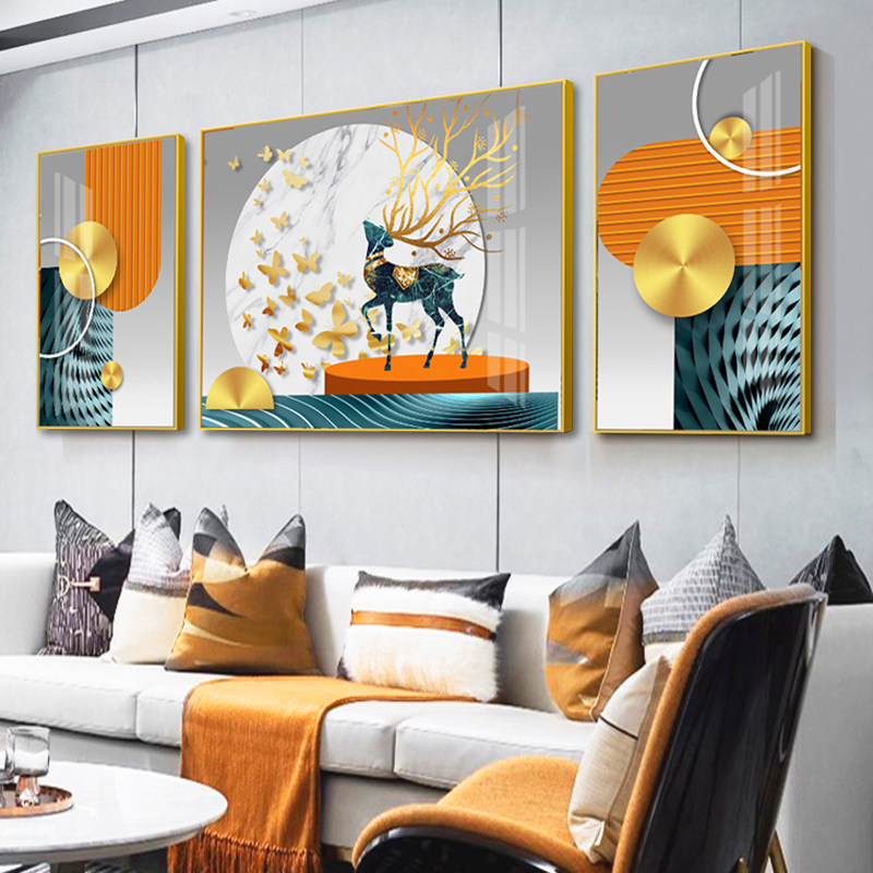 Light luxury living room decoration painting sofa background wall painting triple high-end atmospheric abstract hanging painting crystal porcelain diamond wall painting