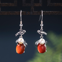 Silver fans S925 pure silver 2019 new ancient wind temperament small crowdsourced jade medullary pearl small bird earrings female retro ear ornaments