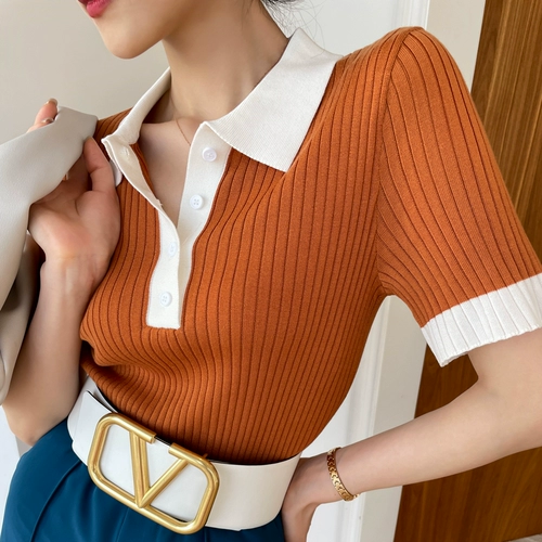 Трикотажный свитер, летняя футболка, французский стиль, воротник поло, размер