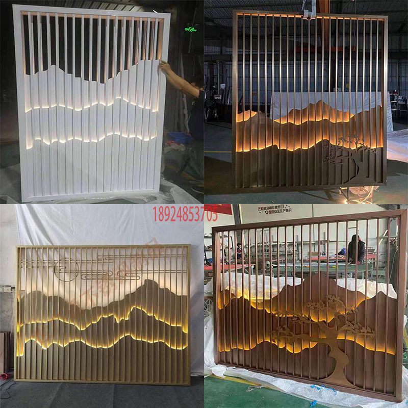 Stainless steel metal rockery art screen partition brushed laser aluminum carved high-end hotel villa background wall decoration