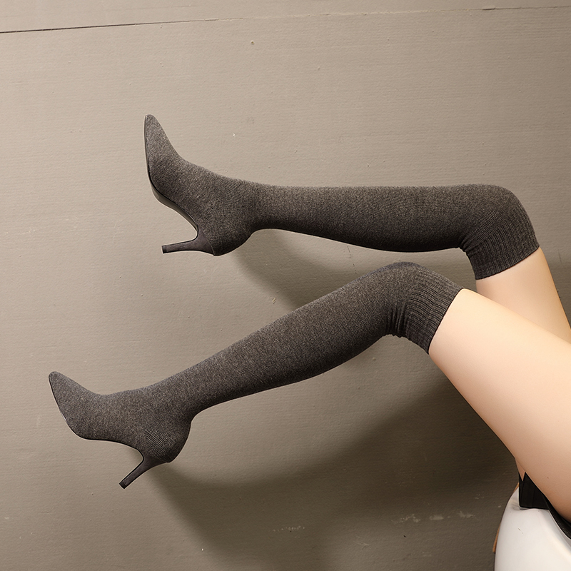 Autumn High-Heeled Shoes for Women, Stiletto Pointed Toe Versatile Sock Boots, Long Boots, Slimming Knit Over-The-Knee Elastic Boots