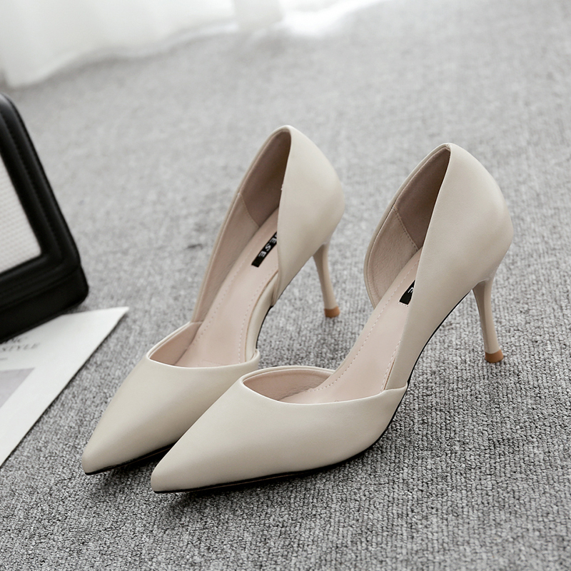 Side-Cut High Heels for Women, Stiletto Heel, Pointed Toe, Off-White, Elegant, Black, 2025 Spring New Style, Soft Leather, Small Size, Professional Shoes