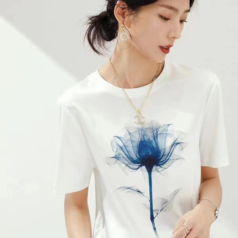 Summer Silk T-Shirt Women's Short-Sleeved Fashionable Versatile Half-Sleeved Niche Top New White Printed Vest T-Shirt