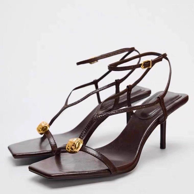 Spain's 2024 Autumn New Brown One-Strap Professional Sandals with Buckle, Thin Heels, Square Toe, High Heels, European and American Style Shoes