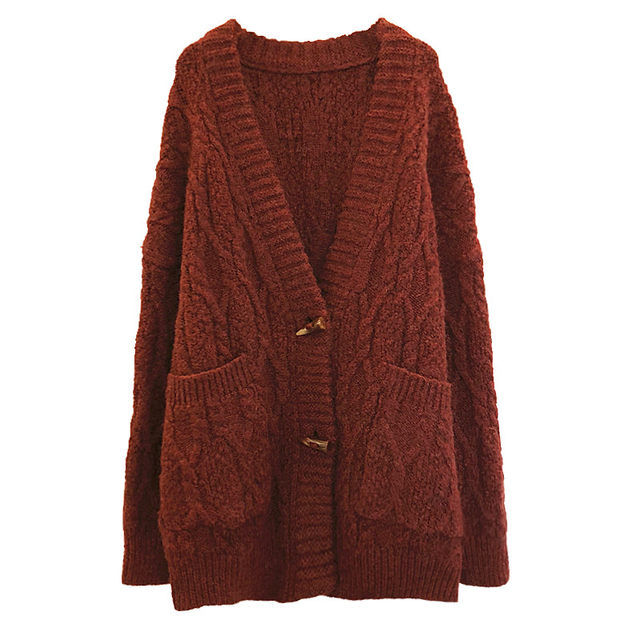 ຜ້າຂົນຫນູຫນາ retro ວ່າງ lantern horn ປຸ່ມ twist sweater ເສື້ອ cardigan ຫນາຂອງແມ່ຍິງ knitted