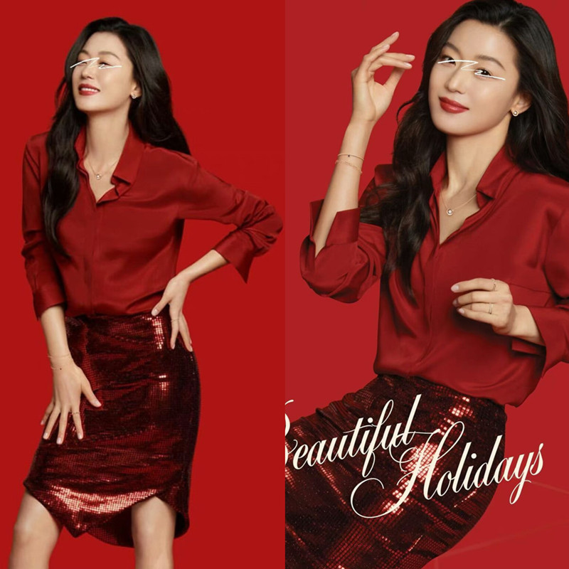 Red Color Nourishes the Complexion, Christmas Red Long-Sleeved Satin Shirt for Women, Elegant and Atmospheric, Suitable for Annual Meetings