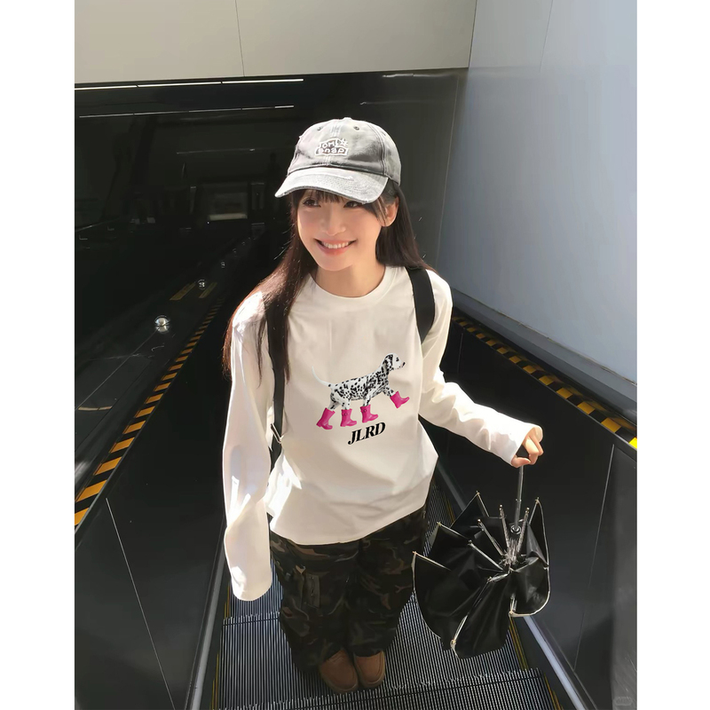 Pure Cotton American-Style White Long-Sleeve T-Shirt for Women, Unique Design, Loose Fit, Suitable for Layering or Wearing Alone, Autumn Top