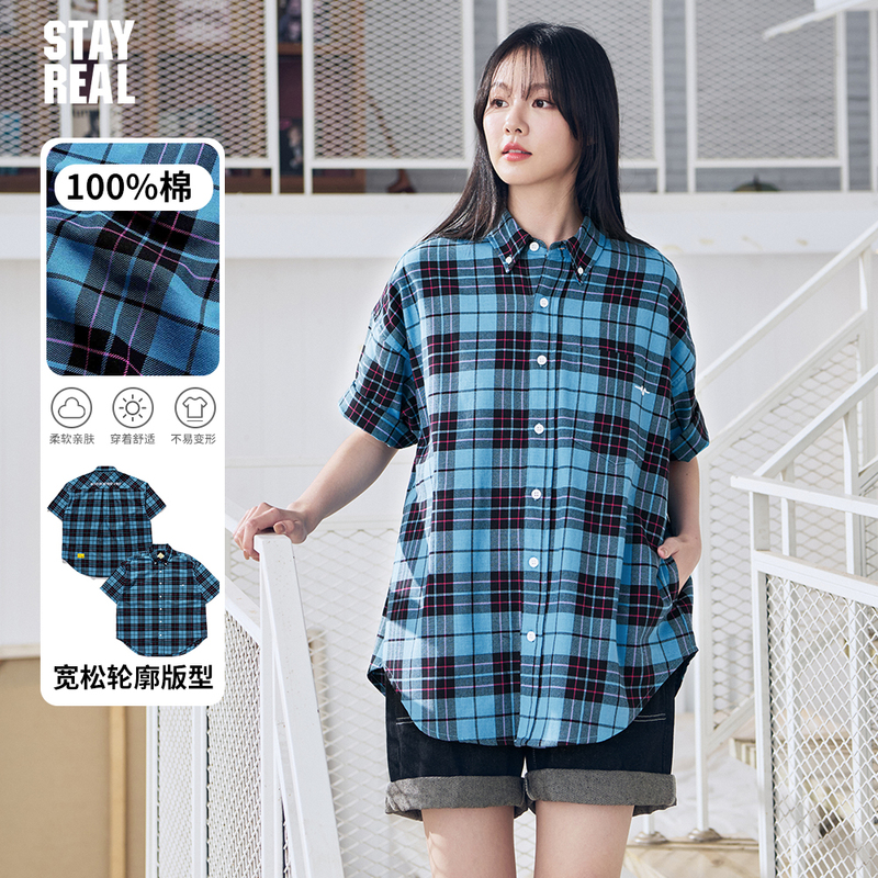 A-Shin's Same Style Stayreal Long Live Love Plaid Shirt Unisex Short-Sleeve Pure Cotton Casual Jacket for Men and Women