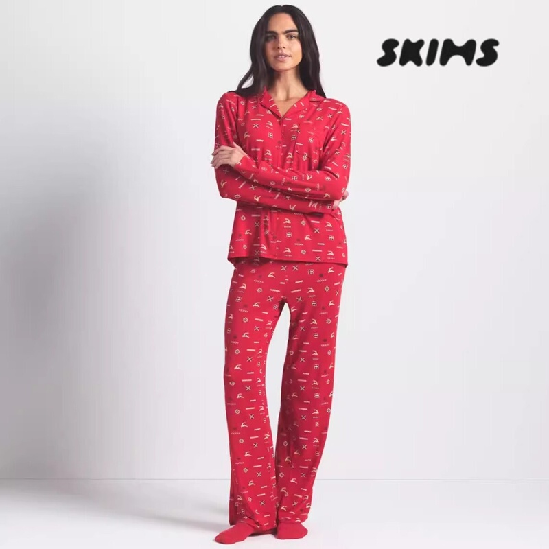 Skims Kardashian Christmas Red Pajama Set Pure Cotton Long-Sleeved Long Pants Loungewear Can Be Worn Outside Casual Pants