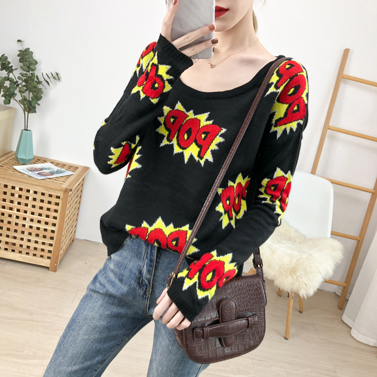 2022 Autumn Winter New Retro Port Taste POP Patterns Loose Foreign Pie Fire Ins Net Infrared Wearing Sweater Women Tide