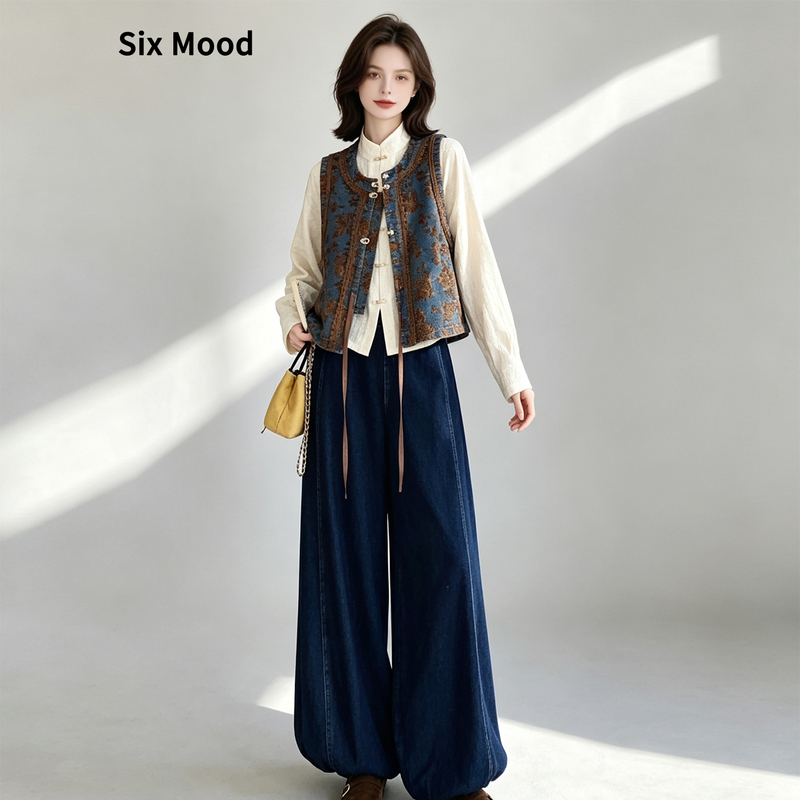 Sixmood Niche Chinese Style Jacquard Denim Vest Shirt Tencel Jeans Suit for Women 2026 Autumn New Collection