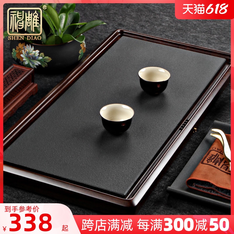 God Sculptures Urkin Stone Black Sandalwood Solid Wood Tea Tray Small Stones Tea Sea Home Drainage Type Tea Table Kung Fu Tea Set