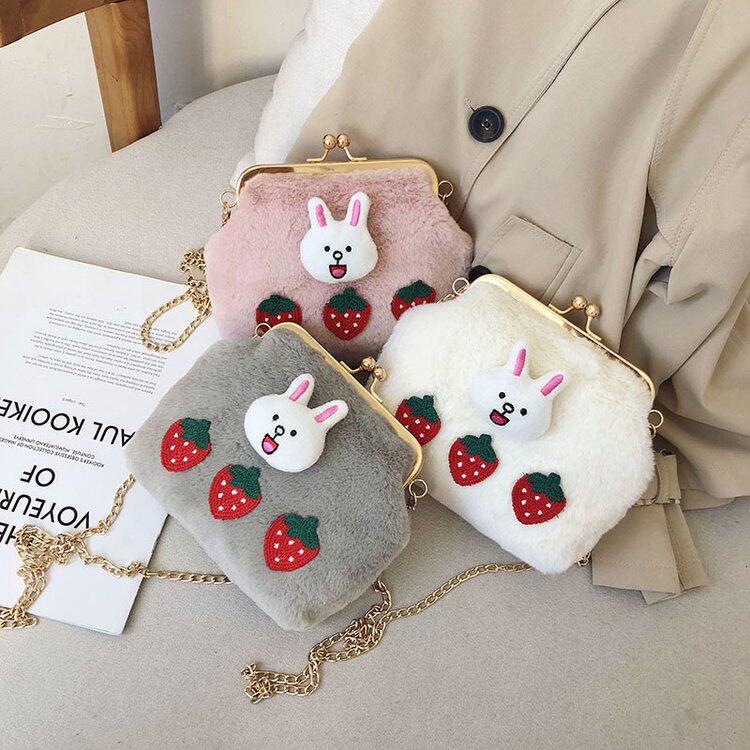 Girl Skew Satchel Bag Children Plush Bag Girl 100 Hitch Super Fire Chain Bag Cute Cute Cute Cute Rabbit Zero Wallet