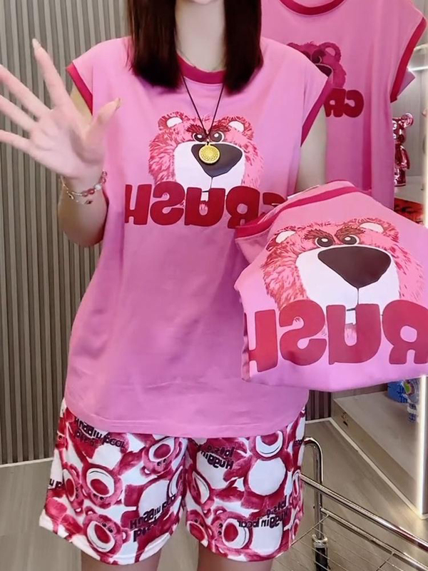 Plus-Size 150kg Cartoon Cute Strawberry Bear Sleeveless Vest and Shorts Two-Piece Set, Summer Style, Age-Reducing, Can Be Worn Outside as Pajamas