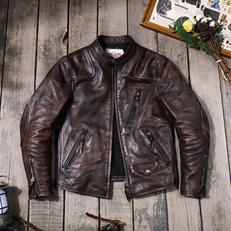 Tea Core Horse Leather Venom Biker Leather Jacket, Washed and Distressed, Tom Hardy Classic Stand Collar Vintage Men's Leather Jacket