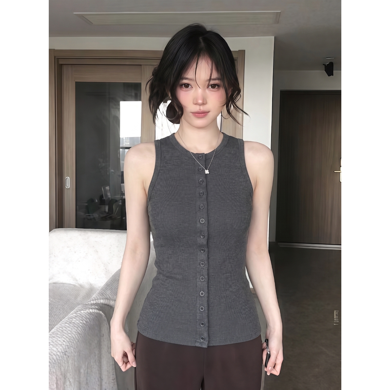 Simple Casual Style, Versatile for Commuting, Dark Gray Multi-Button Tank Top for Women, New Summer Style Sleeveless Top for Outer Wear