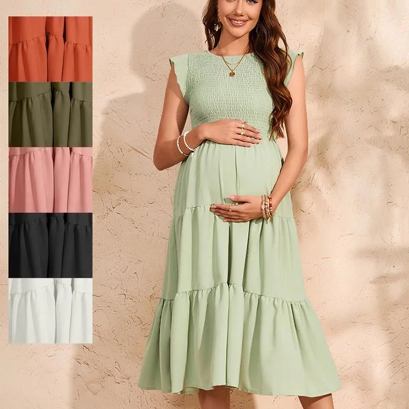 Summer Maternity Pleated Dress Sweet Flying Sleeve O-neck Pregnant Women's Chiffon Dress Plus Size Dresses Maternity Dress 3 O1CN01BhHtGX23rZvqeuFza !!2747147309
