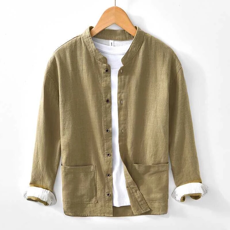Chinese-Style Stand-Up Collar Cotton and Linen Shirt for Men, Loose, Breathable, Casual, Retro, Chinese Style, Spring and Summer Linen Long-Sleeved Shirt Jacket