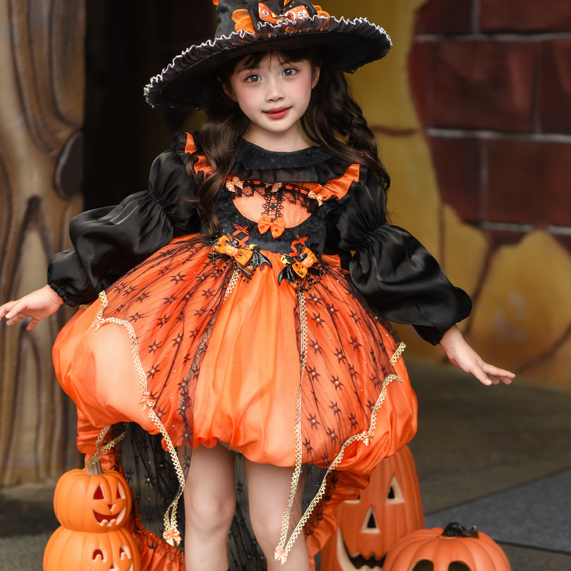 Children's Halloween Cosplay Costume Pumpkin Suspender Dress Set All-Season Girls' Dress Banquet Performance Princess Dress Children's Halloween Cosplay Costume Pumpkin Suspender Dress Set All-Season Girls' Dress Banquet Performance Princess Dress