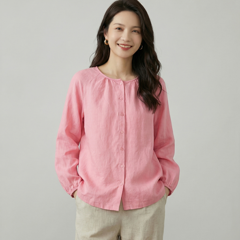 2026 New Summer 100% Pure Linen Three-Quarter Sleeve Shirt for Women, Simple Loose Fit, Slimming Round Neck Blouse Top