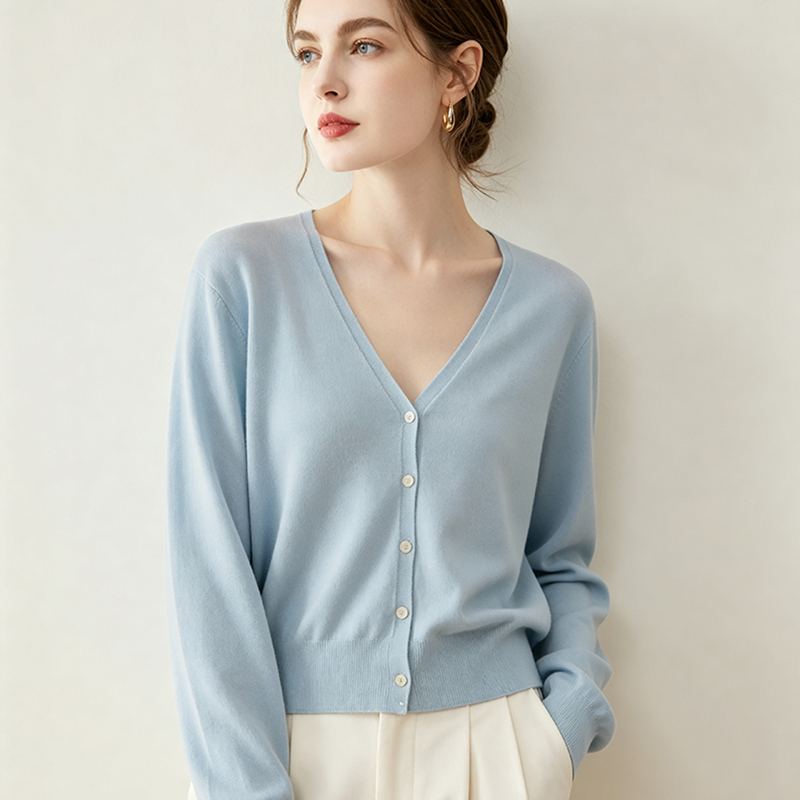 Autumn and Winter Thin 100% Yangtze Yarn Wool Sweater for Women, Machine Washable, V-Neck, Loose Casual Long-Sleeved Knitted Sweater Cardigan