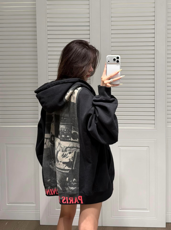 Ceiling Sup* New Washed and Distressed Fleece-Lined Co-Branded Loose Jacket Stage High-Weight Hooded Sweatshirt
