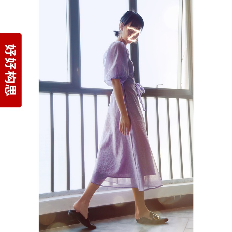 Advanced Limited Style Fabric Color Beauty Bubbling Super-Lean Summer Square Collar Bubble Sleeves Ocean Dress