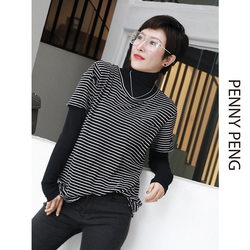 PENNYPENG  海军魂 自制32支精梳棉破洞条纹短袖T恤 S12016