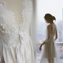 Fur morning robe bride wedding gift sexy lace white lace Vintage French tulle pajamas spring pearl buckle