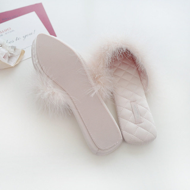 Bridal Wedding Slippers Hair Wool Home Shoes Bridesmaid Soft-bottom Ostrich Wool Satin Face Wedding Woman