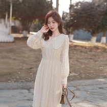 Su Ben lace dress female 2021 spring new medium-long mage Hepburn skirt doll collar waist base skirt