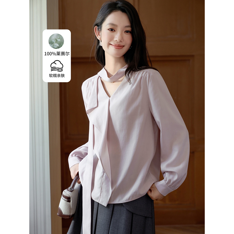 Sujen [Yunjian Yufen] French-Style Ribbon Shirt for Women, 2026 Autumn New Design, Fashionable Commuter Top