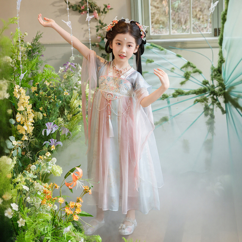 Traditional Chinese Style Hanfu for Girls 2026 New Model with Moon Rabbit Embroidery, Children's National Style Dress, Summer High-End Exquisite Hanfu Dress