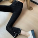 Beaded jeans women's summer 2023 new high-waist slit horn small black pants small eight-point micro-horn