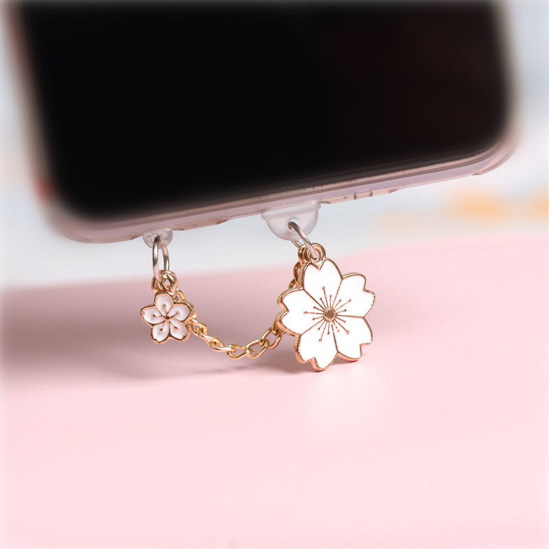Retro size cherry blossom universal mobile phone headphone hole anti-dust plug charging outlet Choke Plug Male Girl Couple Pendant