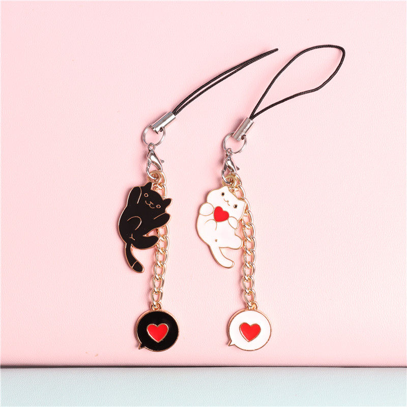 Cute black and white kitten love mobile phone pendant rope U disk pendant men and women couple jewelry gift super cute