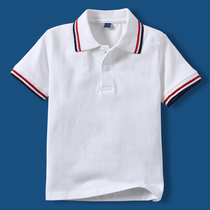 Boys white T-shirt short-sleeved cotton childrens summer student school uniform T-shirt Contrast color lapel girl white polo shirt