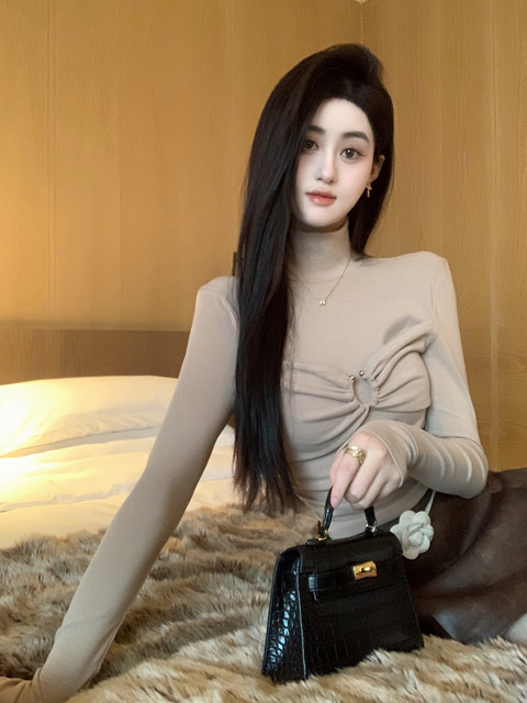 Hollinna High-Neck Knitted T-Shirt for Women, Spring, Autumn, and Winter 2025 New Design Versatile Twist-Knot Base Shirt Top